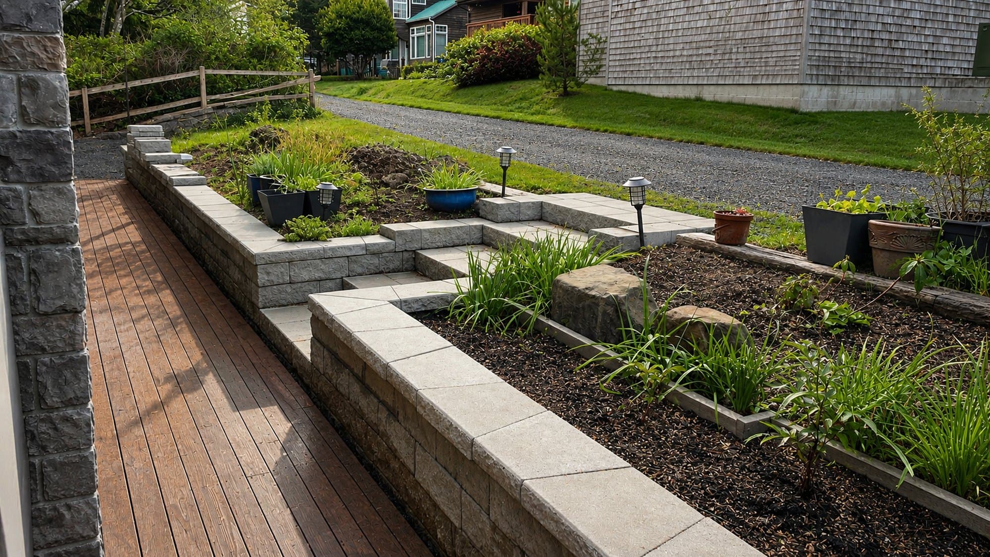 A Thistle & Stone project in greater Seattle — a stone retaining wall, cedar deck, and terraced planting beds.